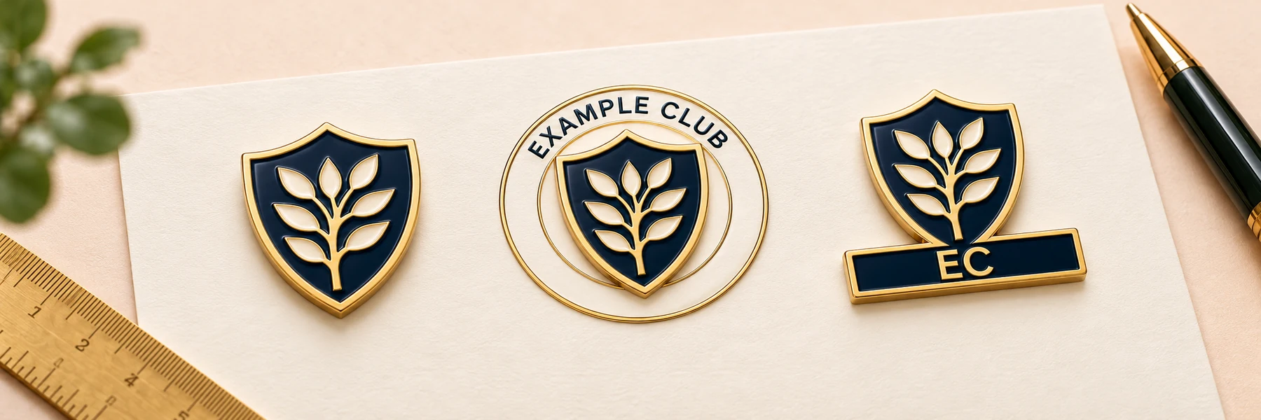 Illustrative crest artwork variations: emblem, EXAMPLE CLUB name ring and EC abbreviation
