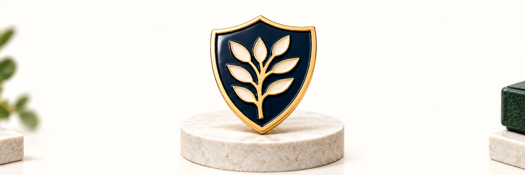 Illustrative navy enamel organisation crest with an ivory leaf emblem on a pale stone stand