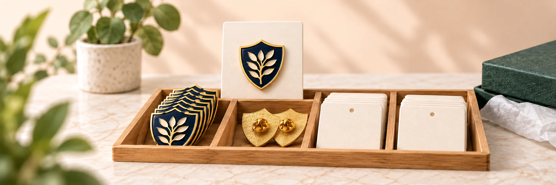 Illustrative crest pin, card, fittings and grouped presentation materials in a wooden tray