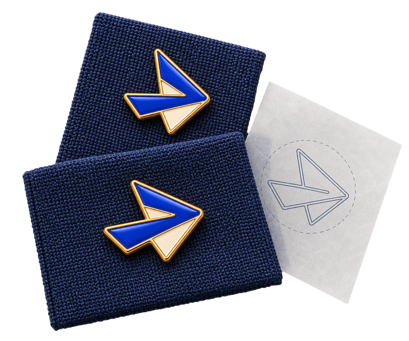 Two cloth swatches carrying the same logo pin in different orientations, beside a reverse placement paper study