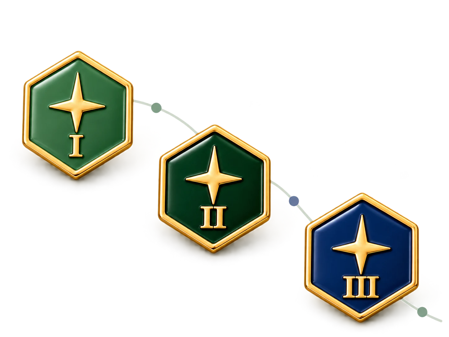 Three illustrative green and navy hexagonal enamel star pins for recognition levels I, II and III