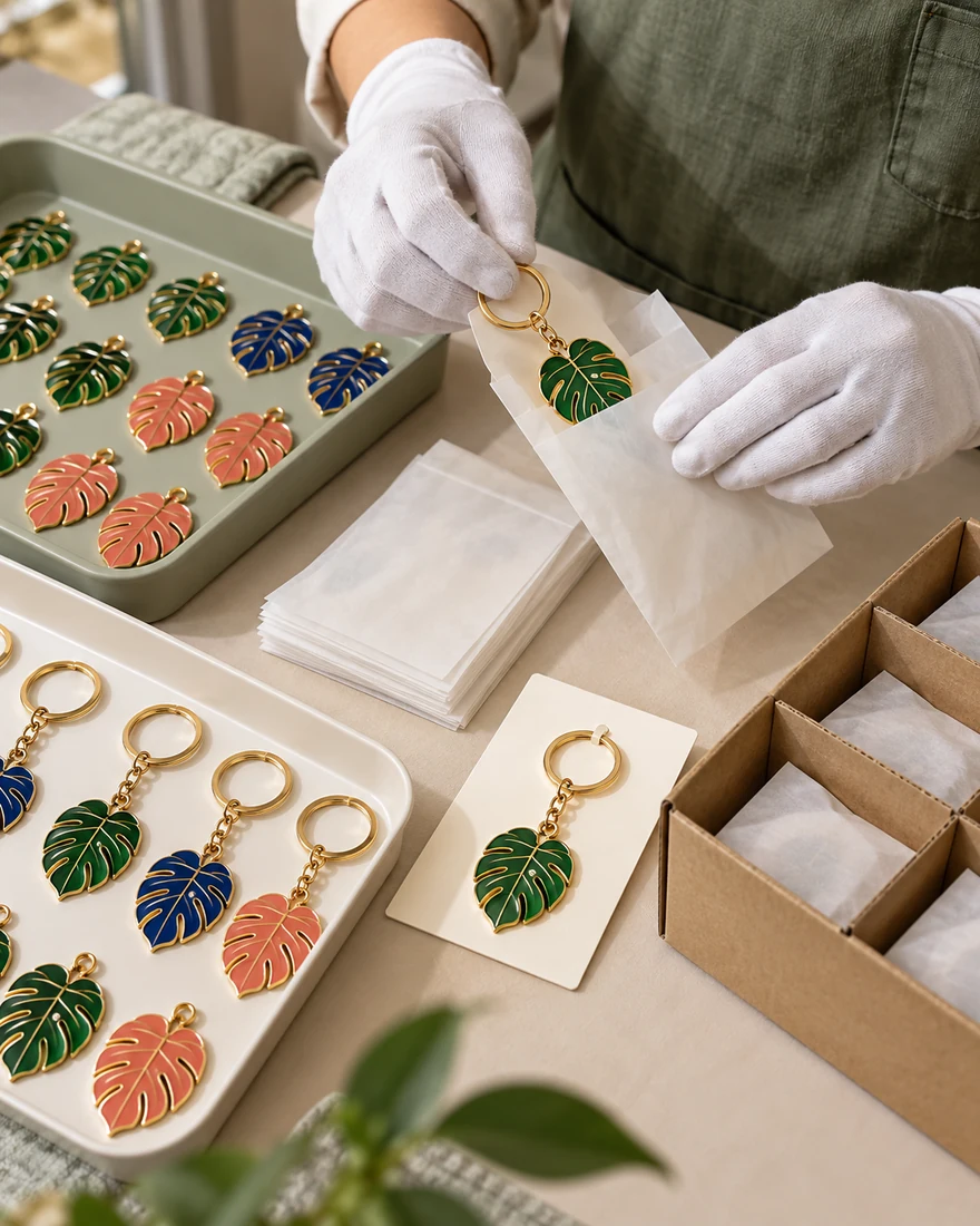 AI illustration: packing for custom enamel products
