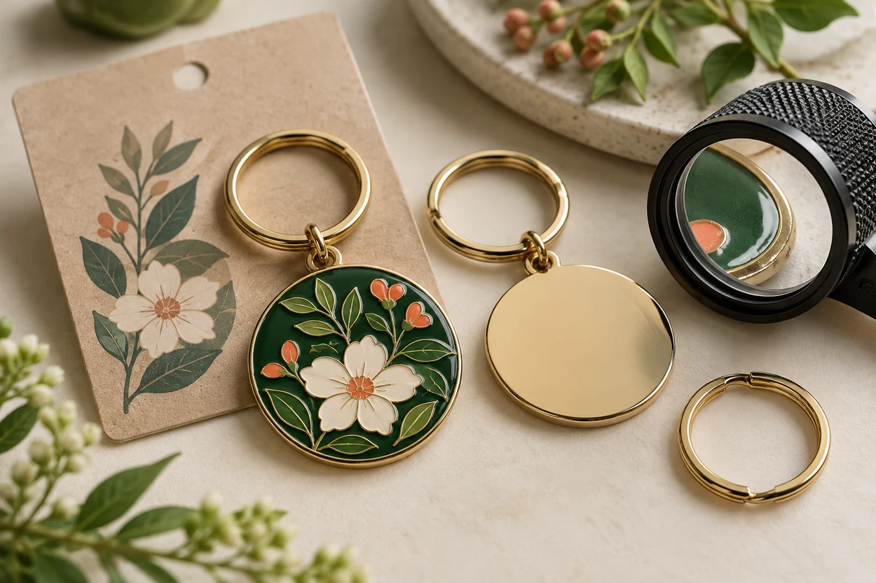 Illustrative floral keychain front, reverse, connection, backing card and magnifier