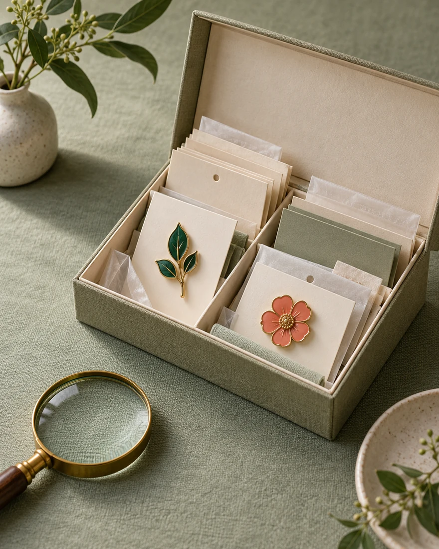 Illustrative sample reference envelopes with enamel pins