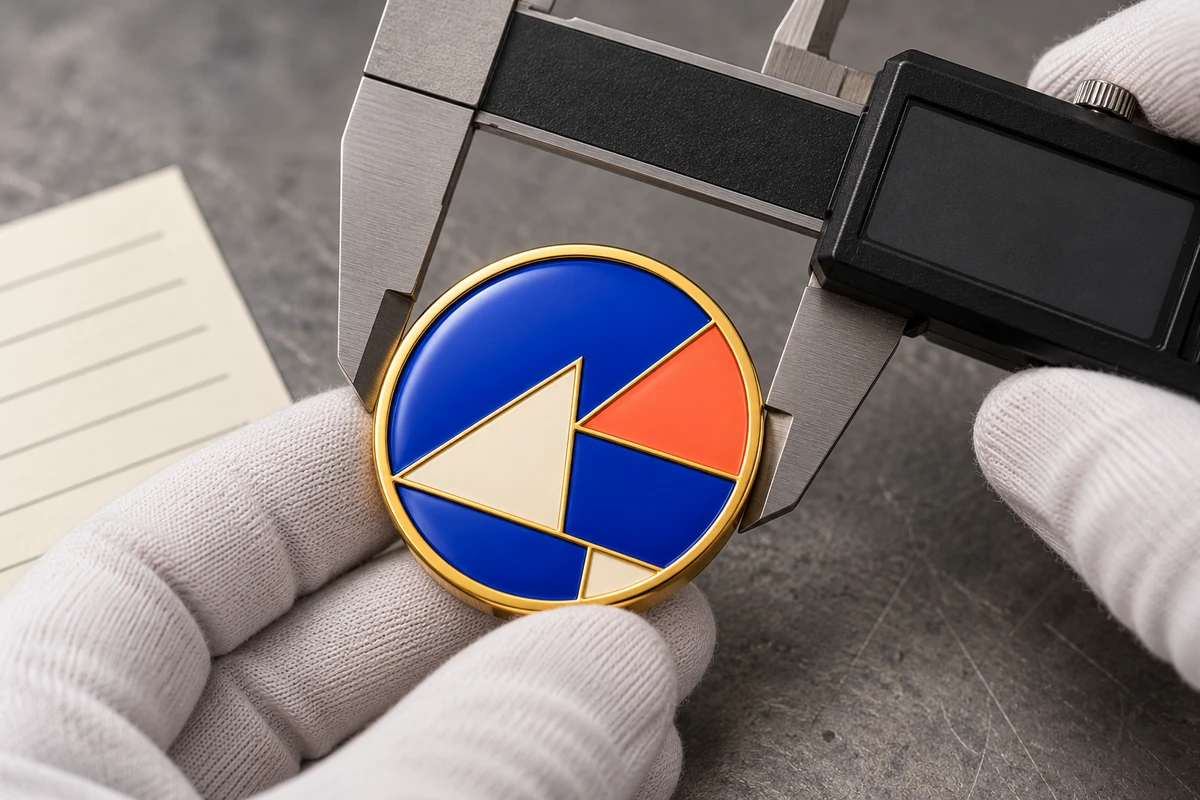 Illustrative dimensional and appearance review of an enamel pin