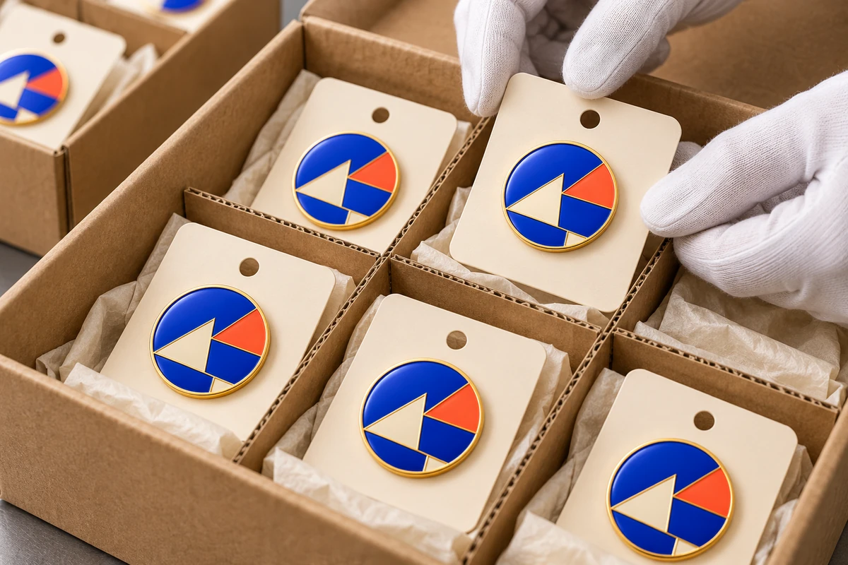 Illustrative enamel pins mounted on cards and organised in a packing box