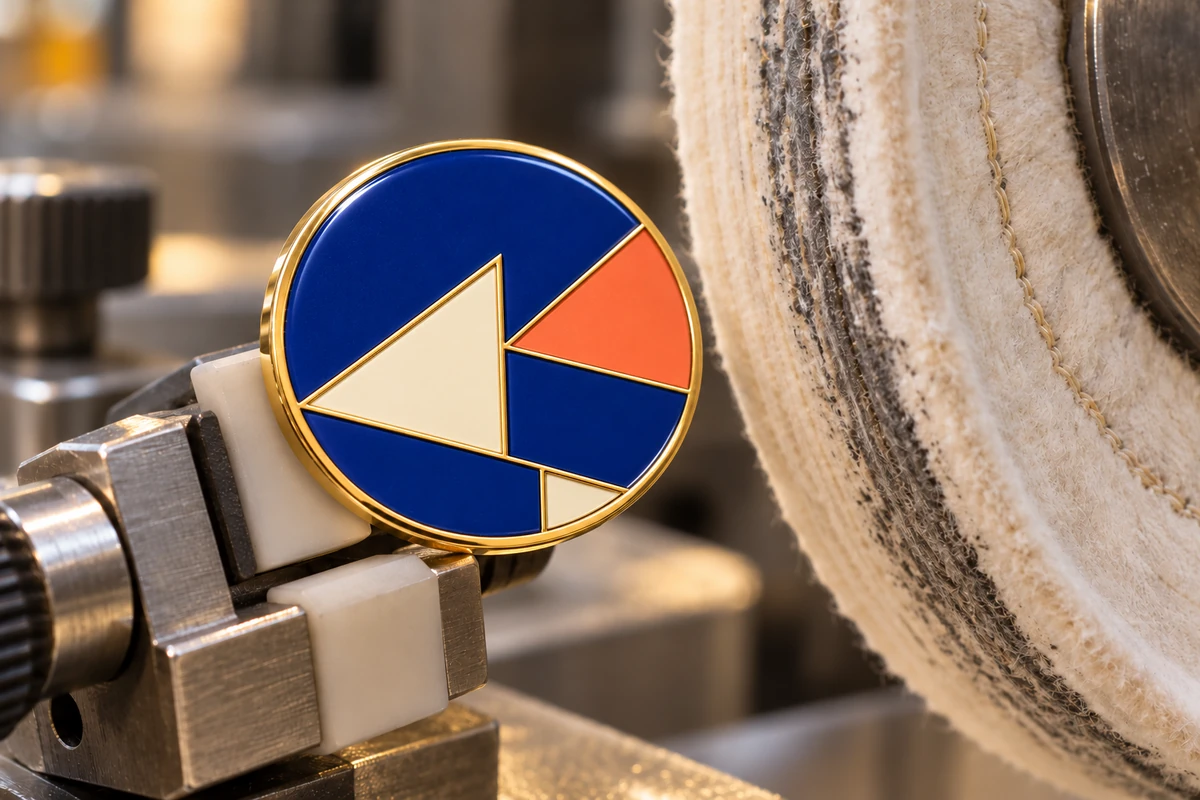 Illustrative enamel pin at a polishing workstation
