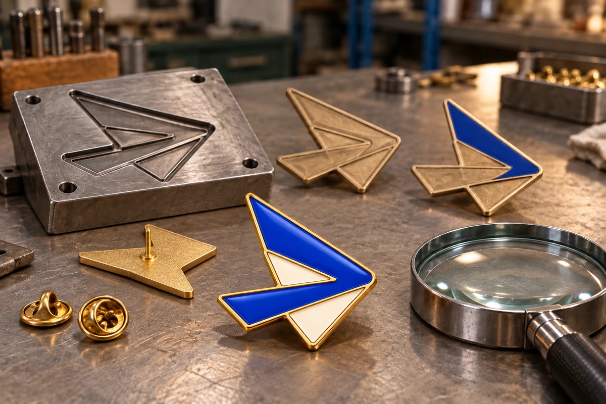 AI-generated workbench with angular pin artwork, mould, bare bodies and finished sample