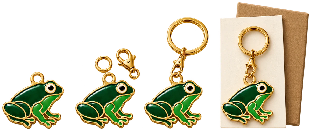 The same frog charm shown as component, with fitting, assembled keychain and presentation set