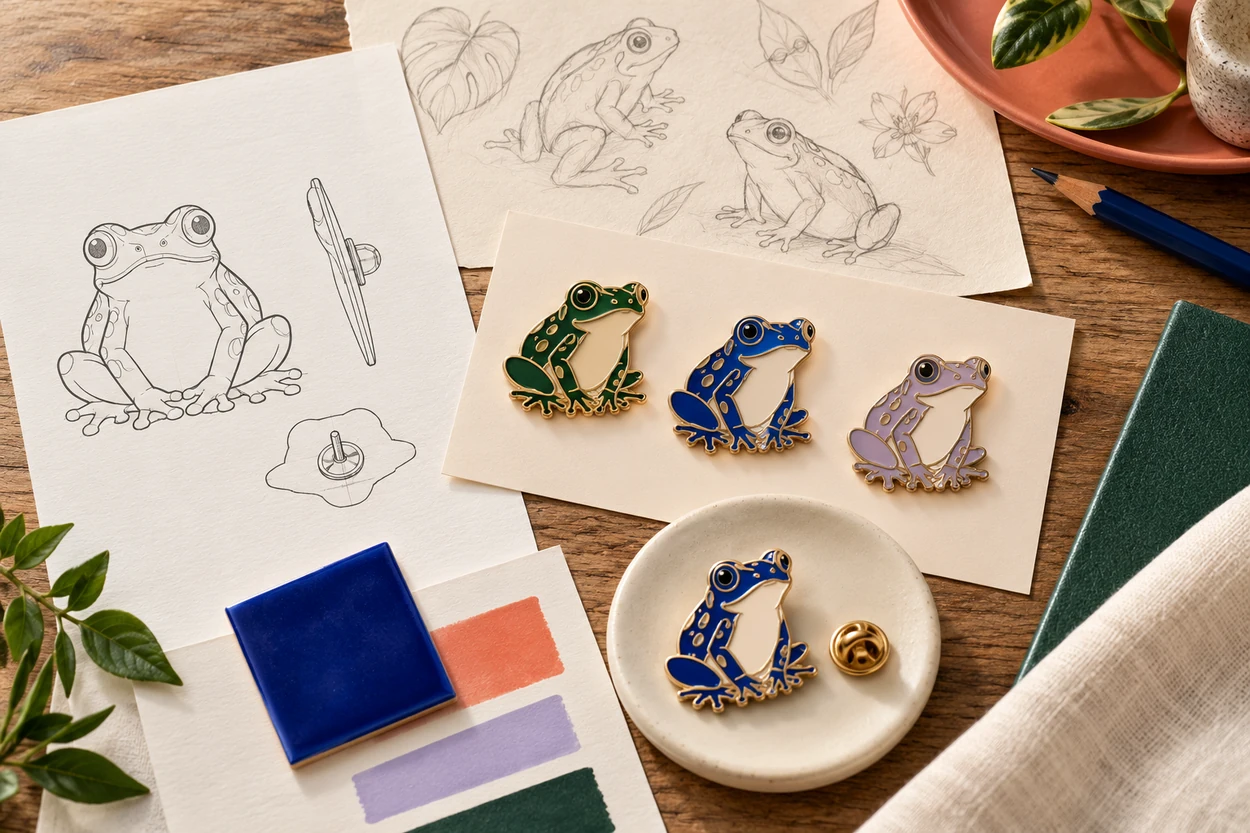 Illustrative green frog pin with an outline sketch, pin back and enamel colour references