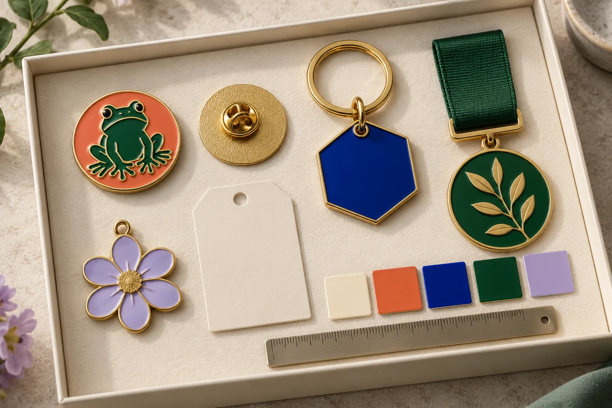 Illustrative sample box with four product formats, reverse, fittings and colour references