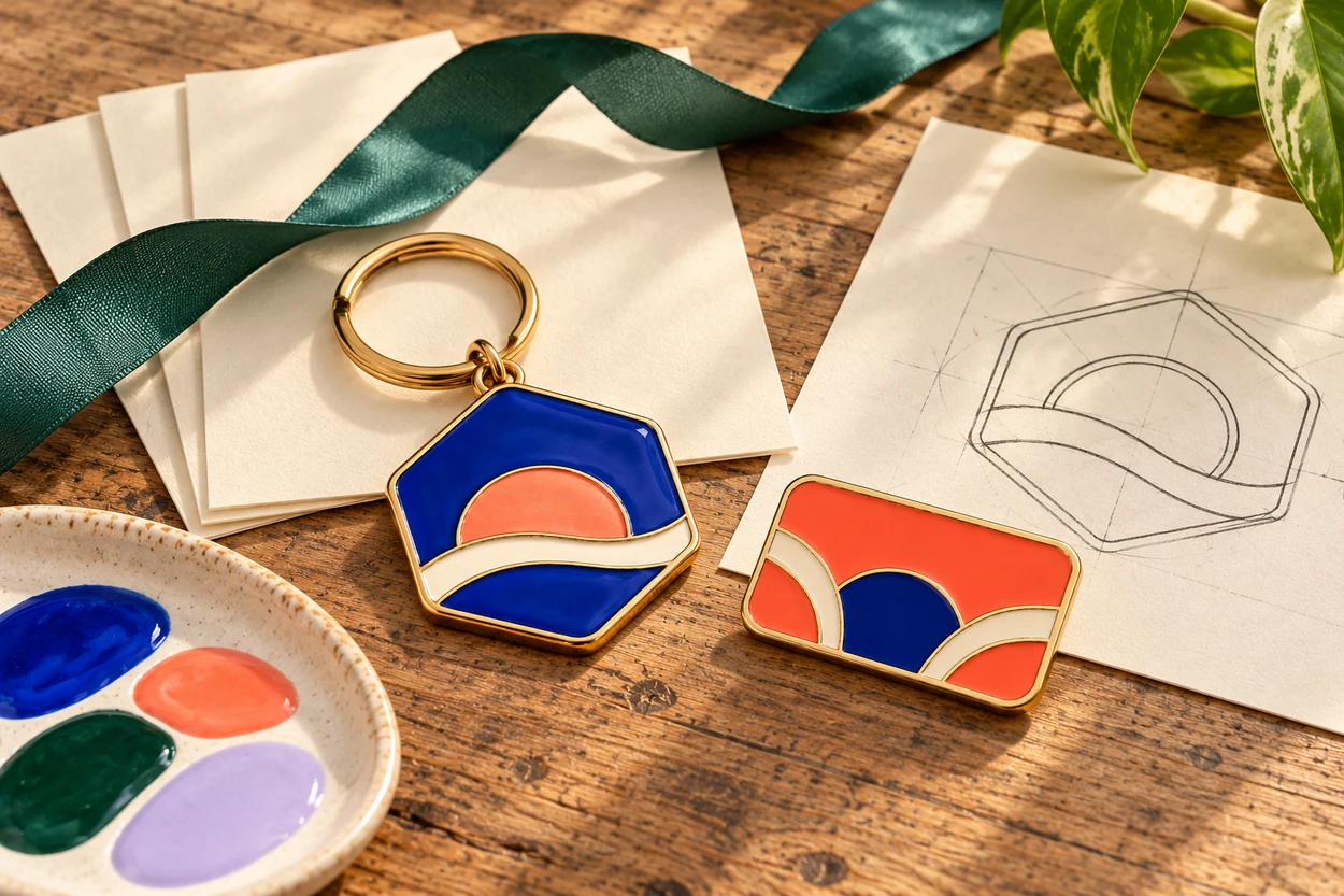 Illustrative keychain, pin, sketches and reference envelopes