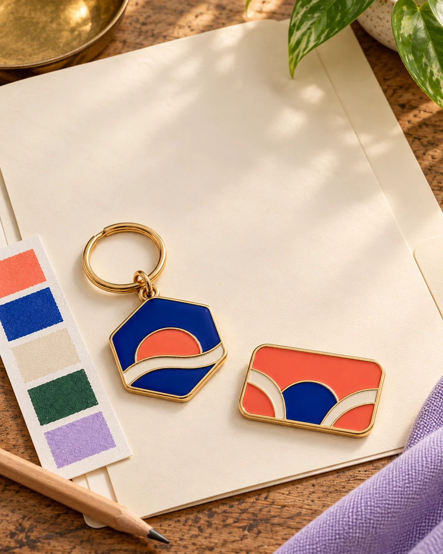 Illustrative keychain, pin and a blank project sheet