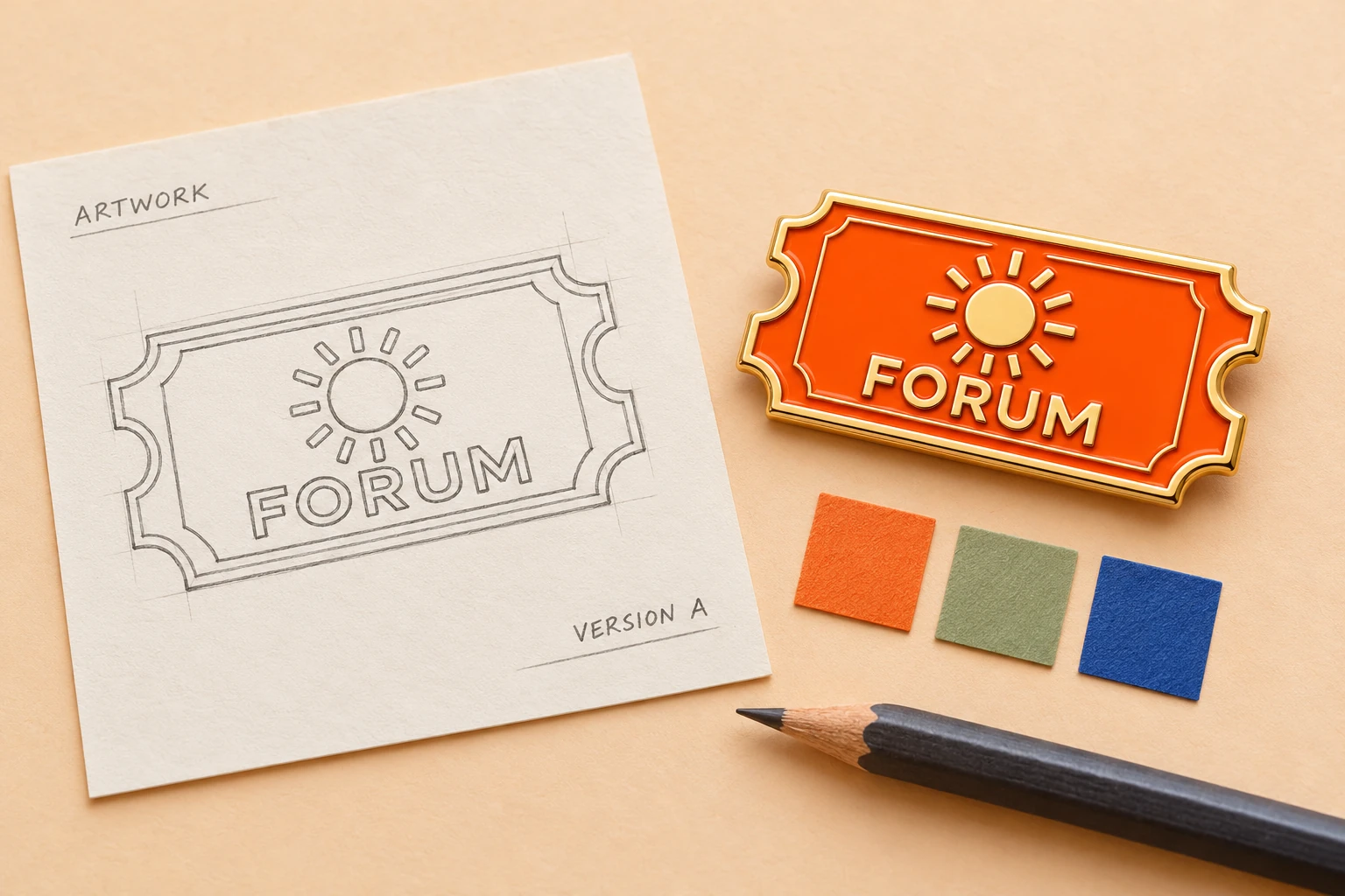 Illustrative FORUM artwork drawing, pin and colour references