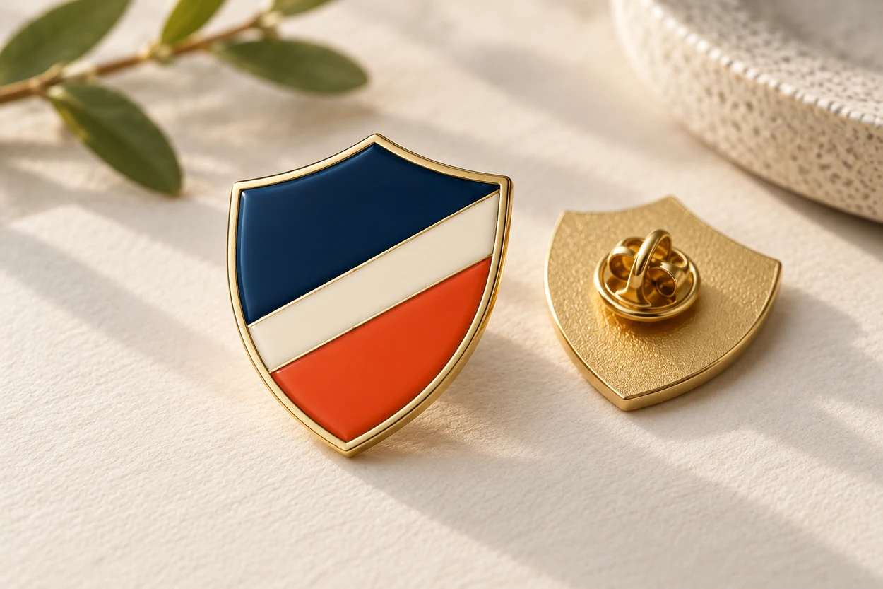 Illustrative shield enamel pin: detail sample.