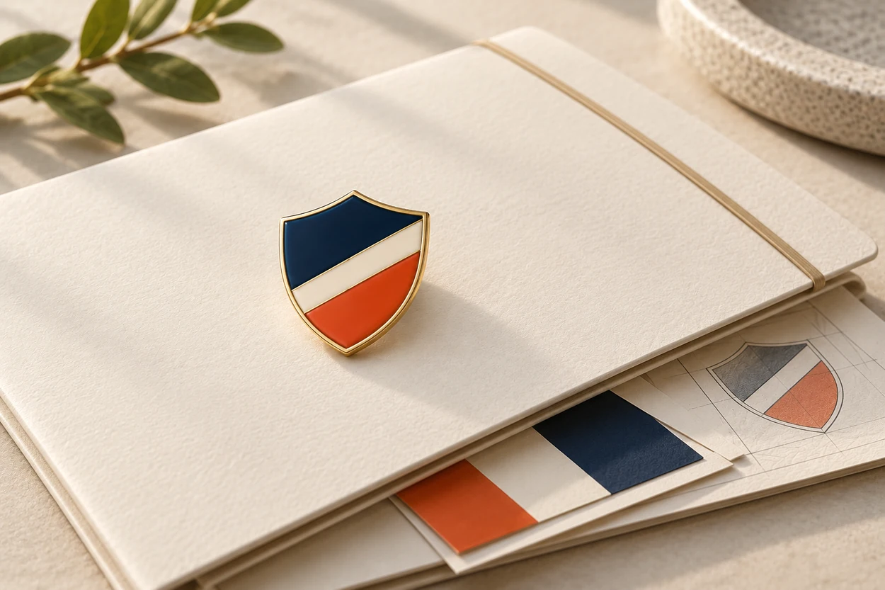 Illustrative shield enamel pin: handover arrangement.