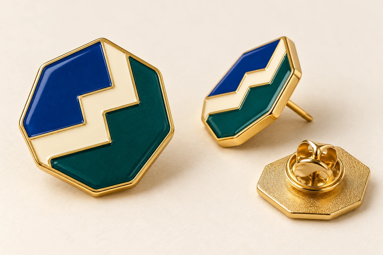 Illustrative blue and teal stepped enamel pin: cooperation route.