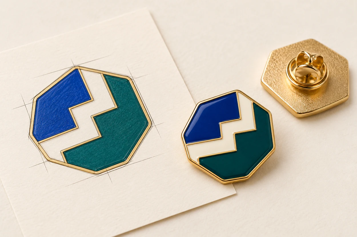 Illustrative blue and teal stepped enamel pin: production reference.
