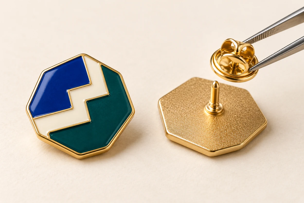 Illustrative blue and teal stepped enamel pin: production assembly.