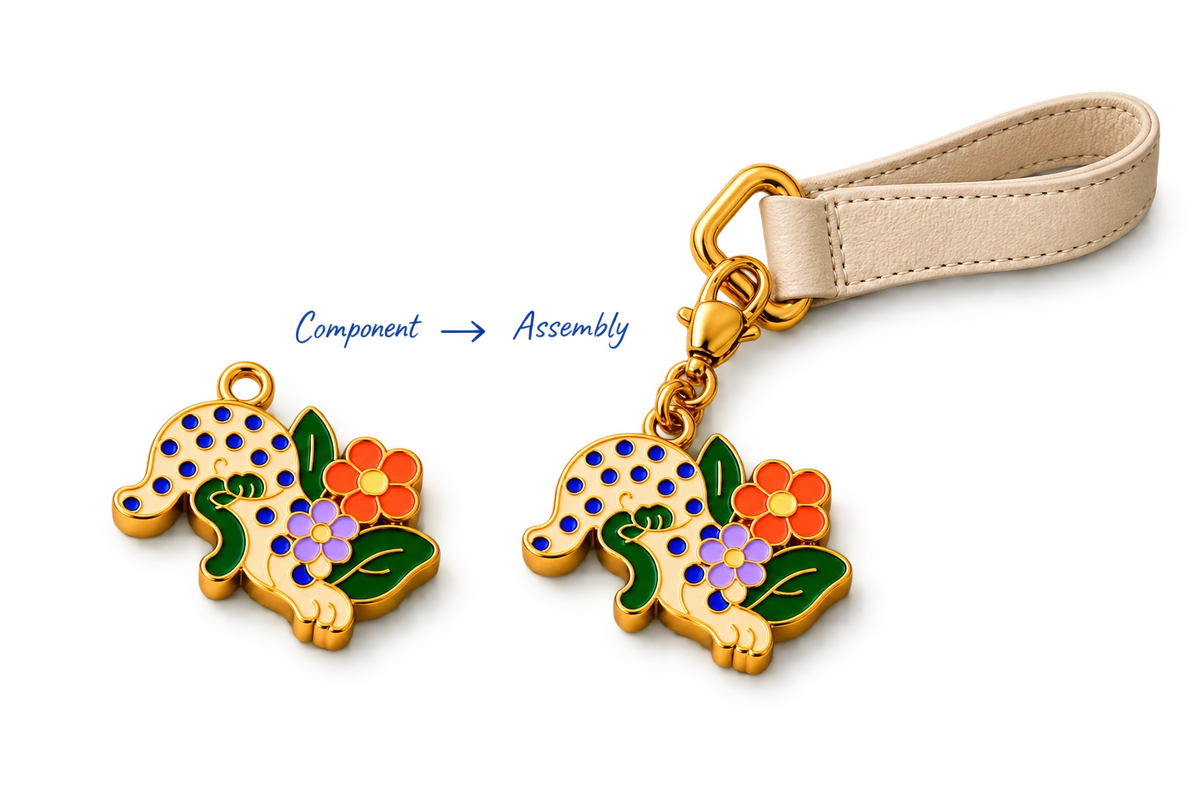 An enamel charm compared as a standalone component and attached to an accessory fitting