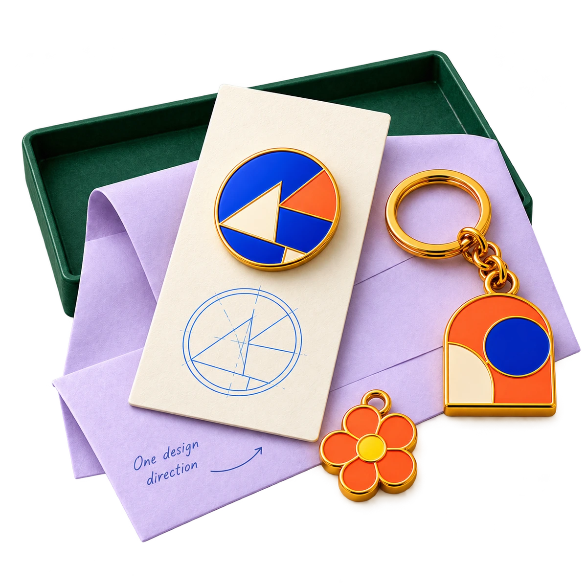A coordinated enamel pin, keychain and charm range with backing card and presentation sleeve