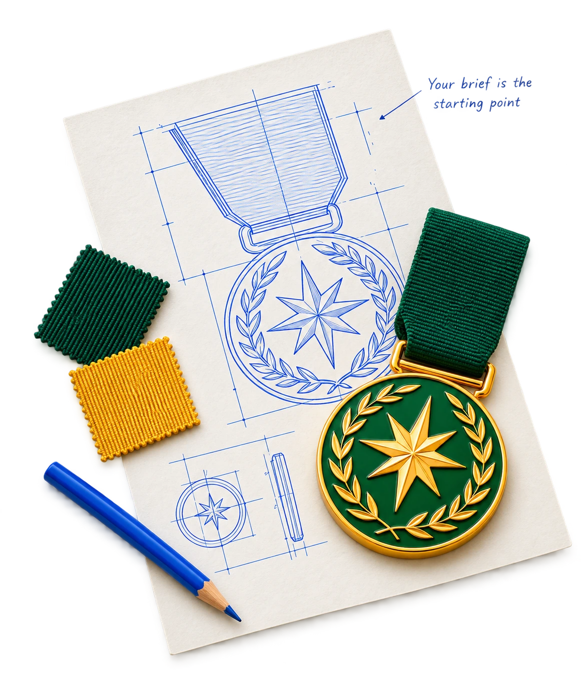 A medal project brief with matching jade enamel sample, ribbon specimens and drafting pencil
