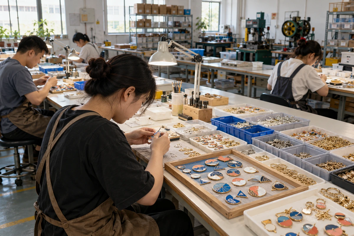 AI-generated illustration of a workshop with enamel accessory workbenches, parts trays and machinery