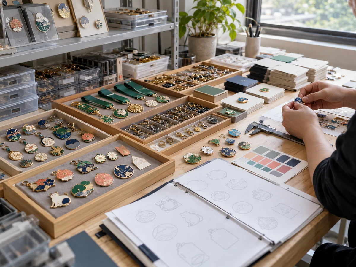 AI-generated illustration of a sample and component area with enamel accessories, fittings and reference materials