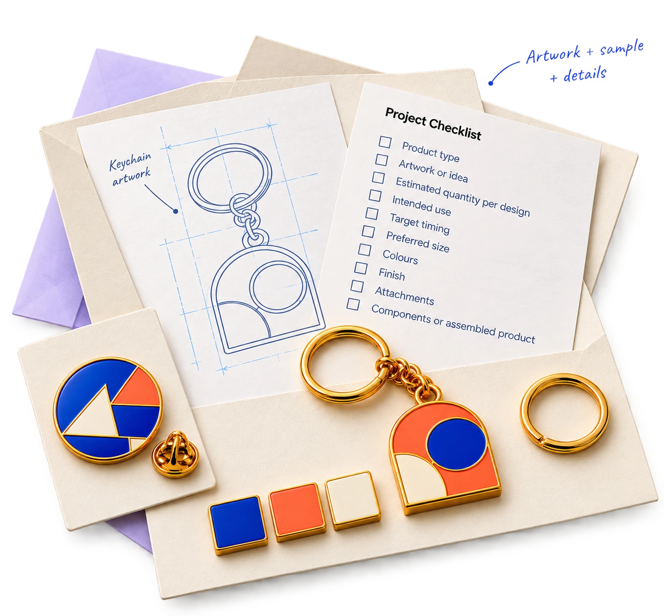 Sample reference kit with artwork, project checklist, finished samples and fitting details