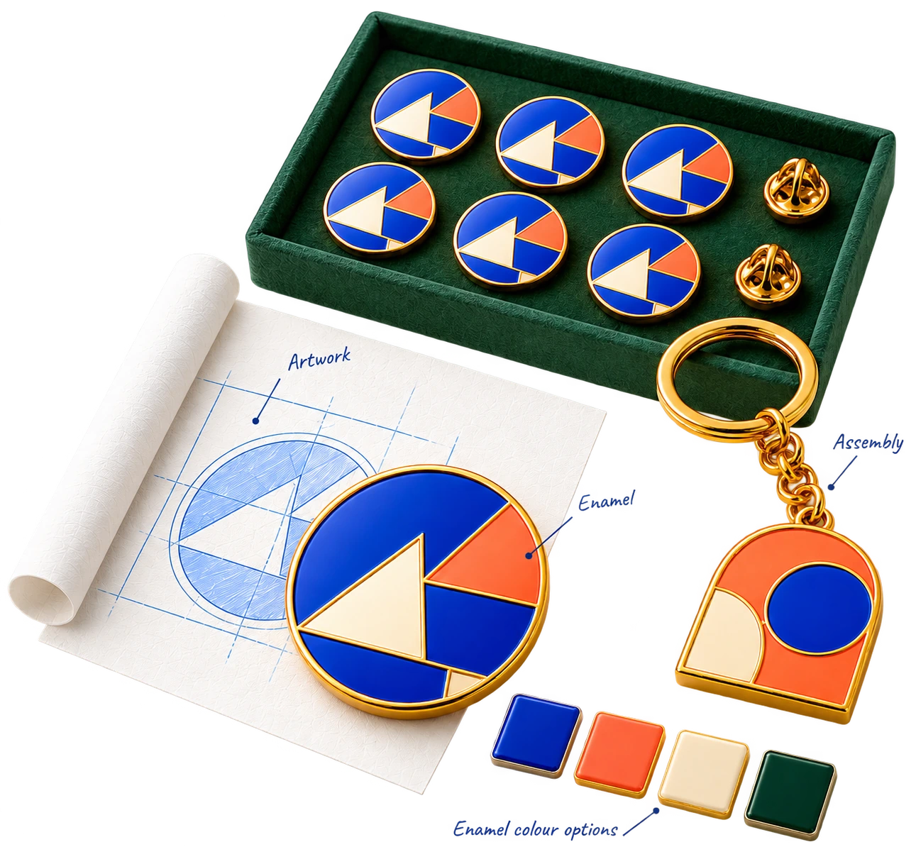 Custom enamel artwork, matching finished pin, repeat samples, keychain assembly and colour specimens