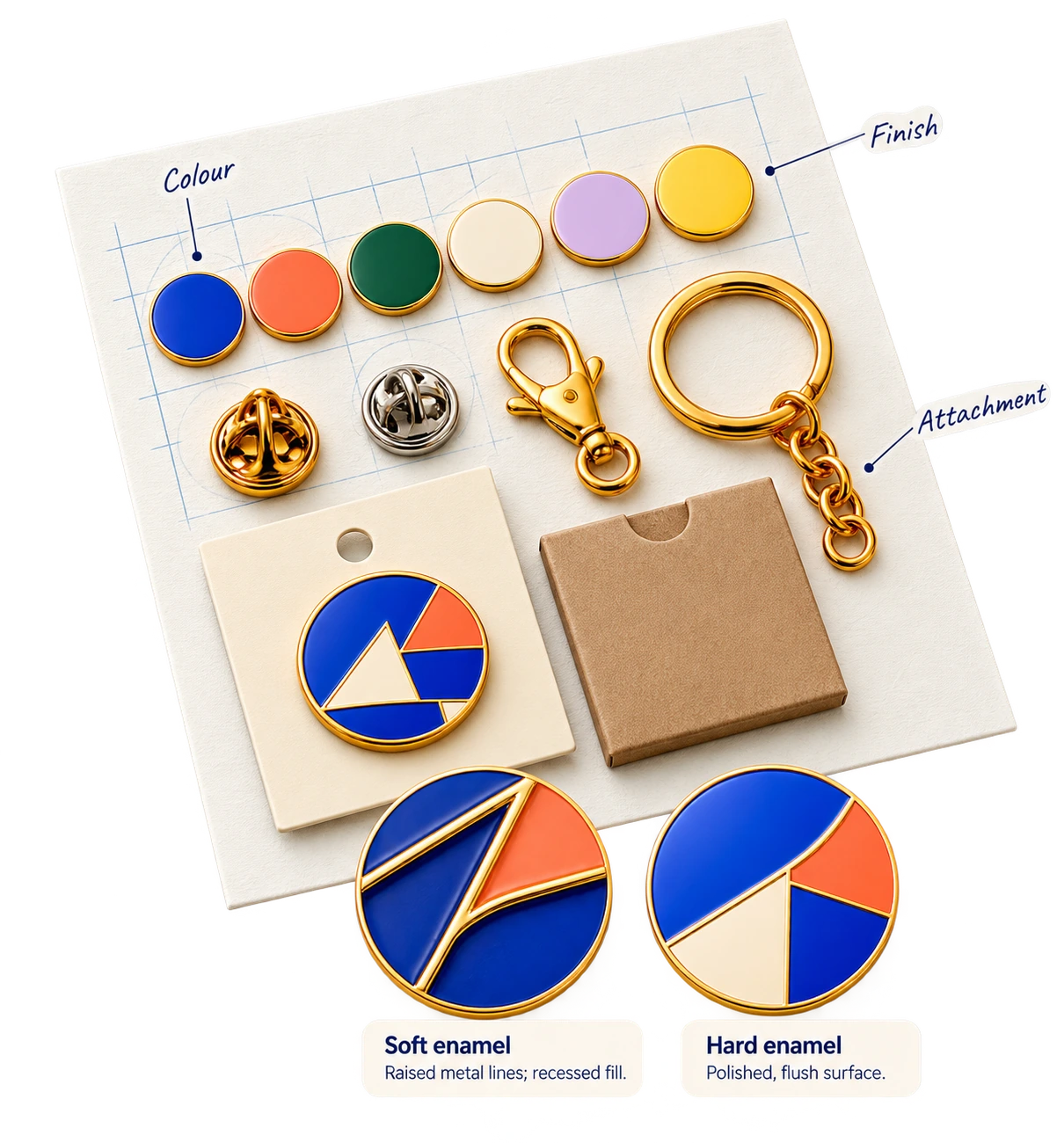 Enamel colour specimens, metal finishes, fittings, backing card and soft versus hard enamel surface studies