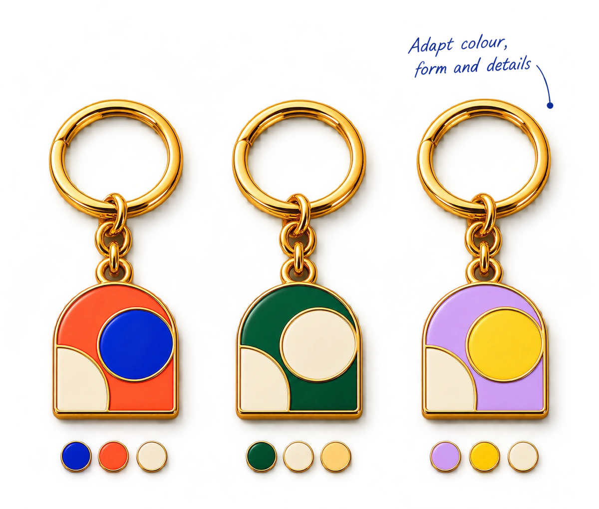 One enamel keychain design adapted into three colour combinations