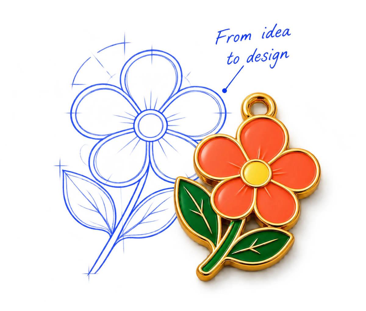 A flower design sketch developed into a coral and jade enamel charm