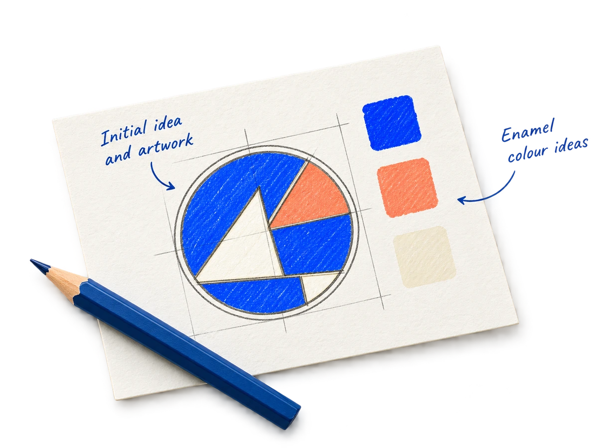 Initial pin artwork with pencil and enamel colour ideas