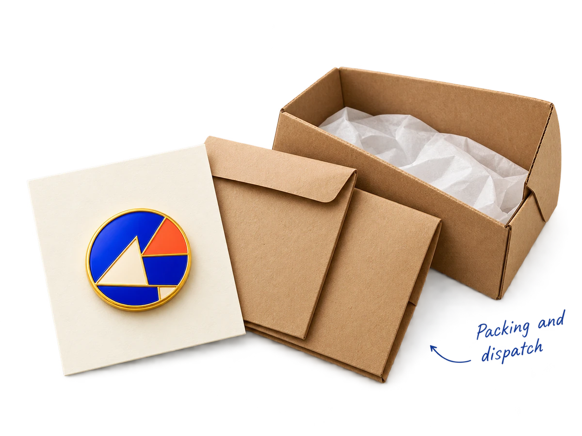 An enamel pin on a backing card with protective sleeves and a shipping carton