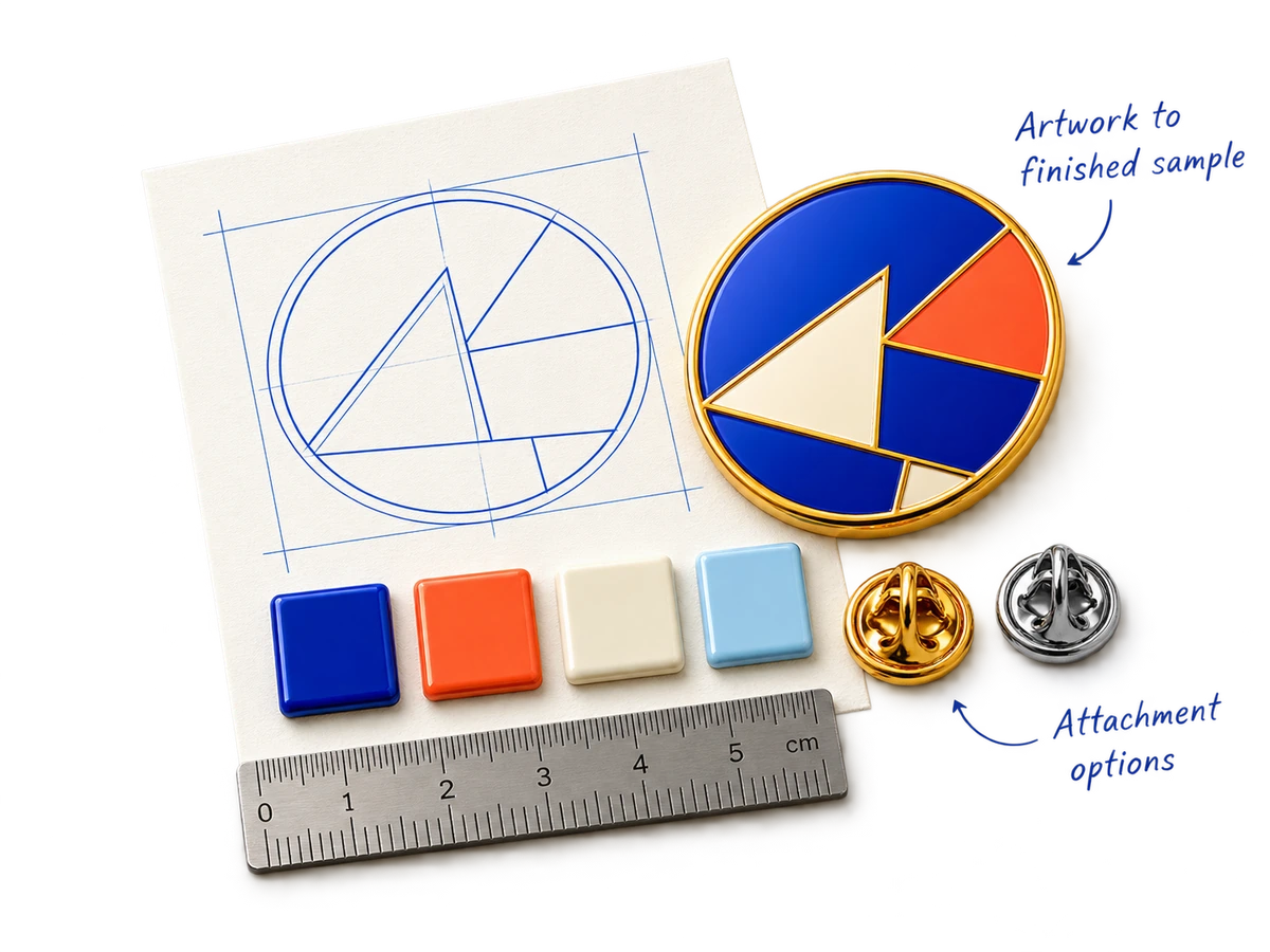 Pin proof, enamel colours, ruler and attachment options