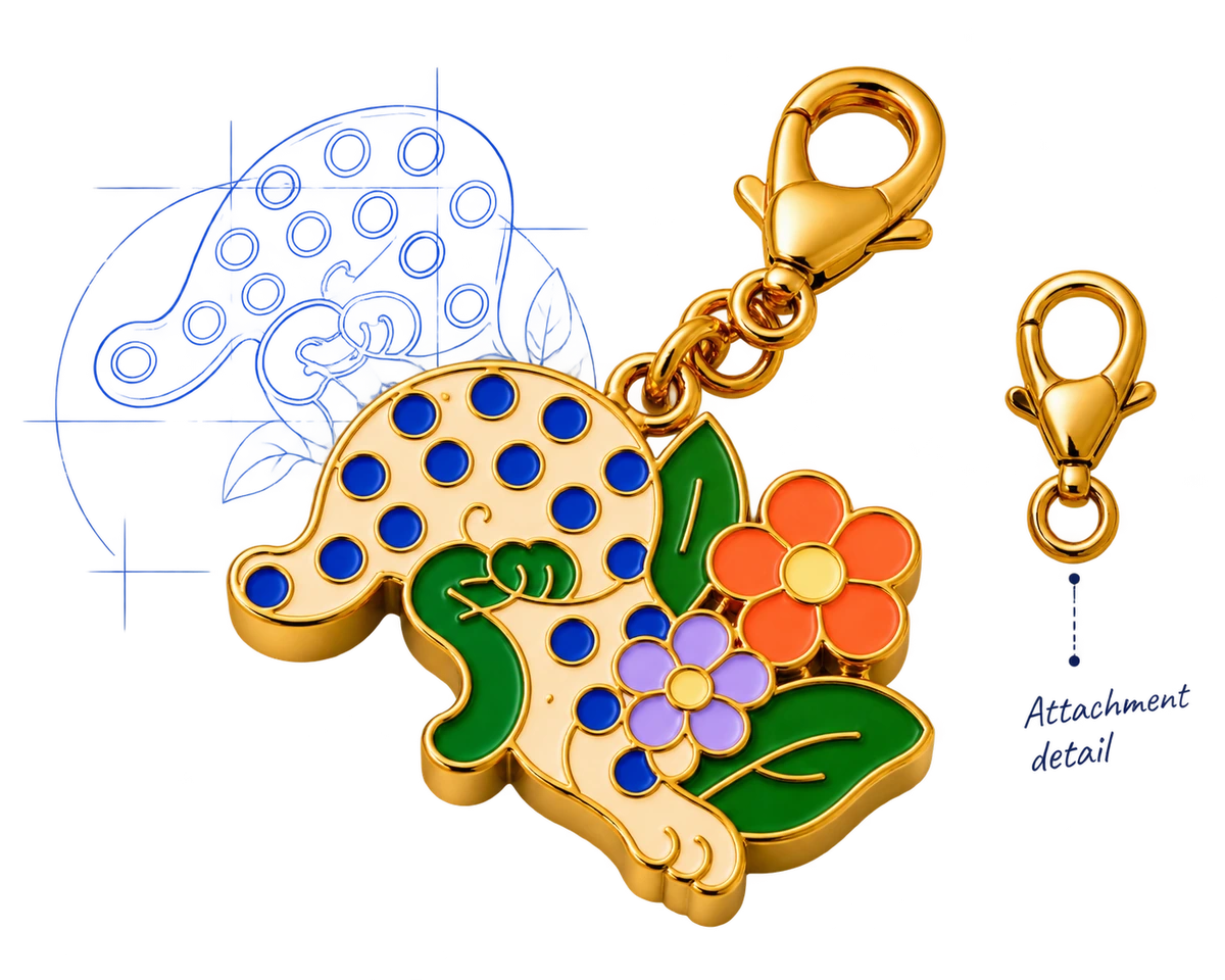 Enamel leopard and floral charm with a separate gold attachment detail