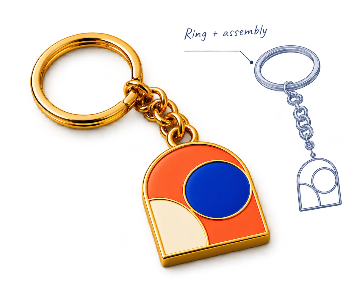 Custom enamel keychain showing the ring, short chain and assembly drawing