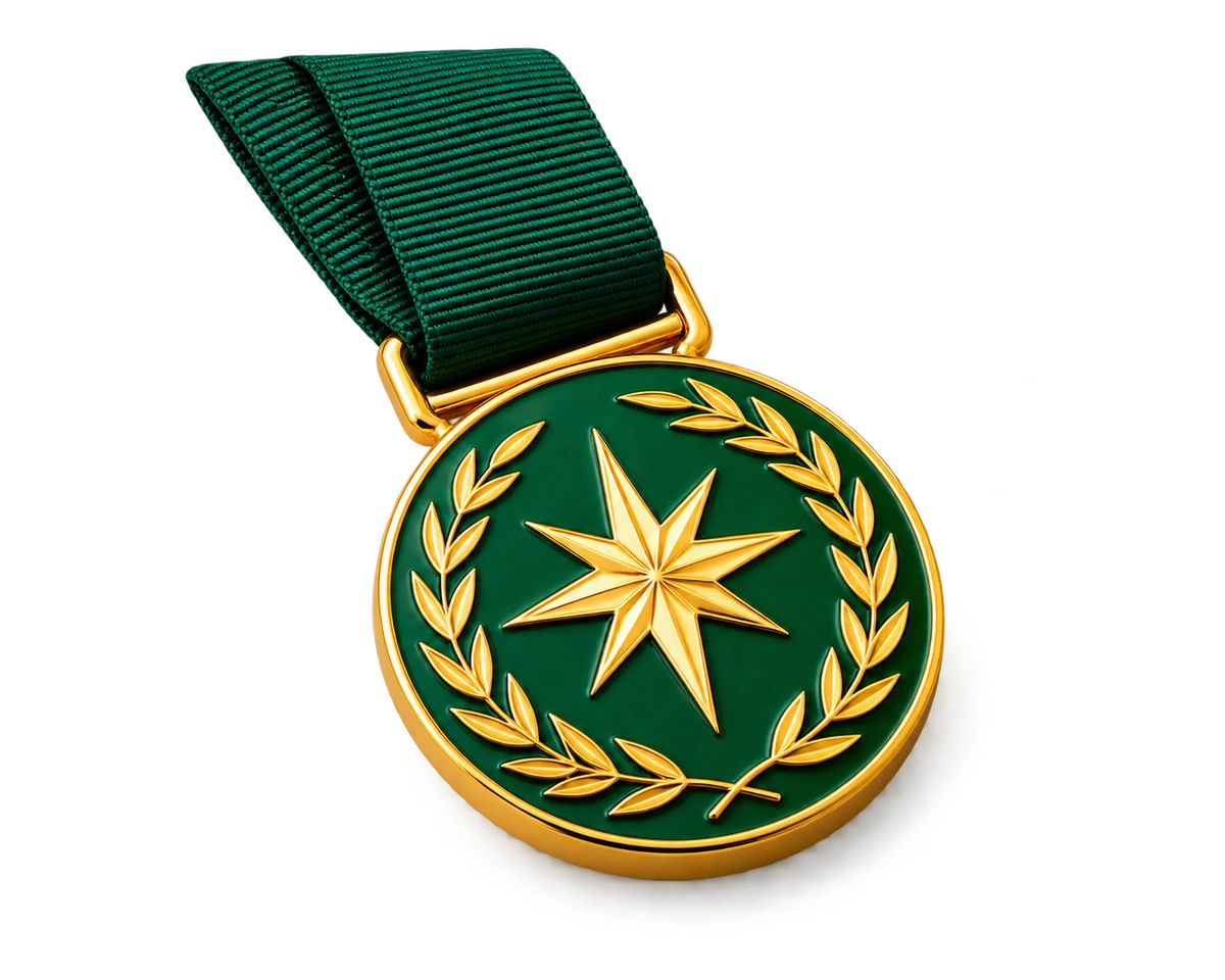 Jade enamel and gold star medal with a green woven ribbon