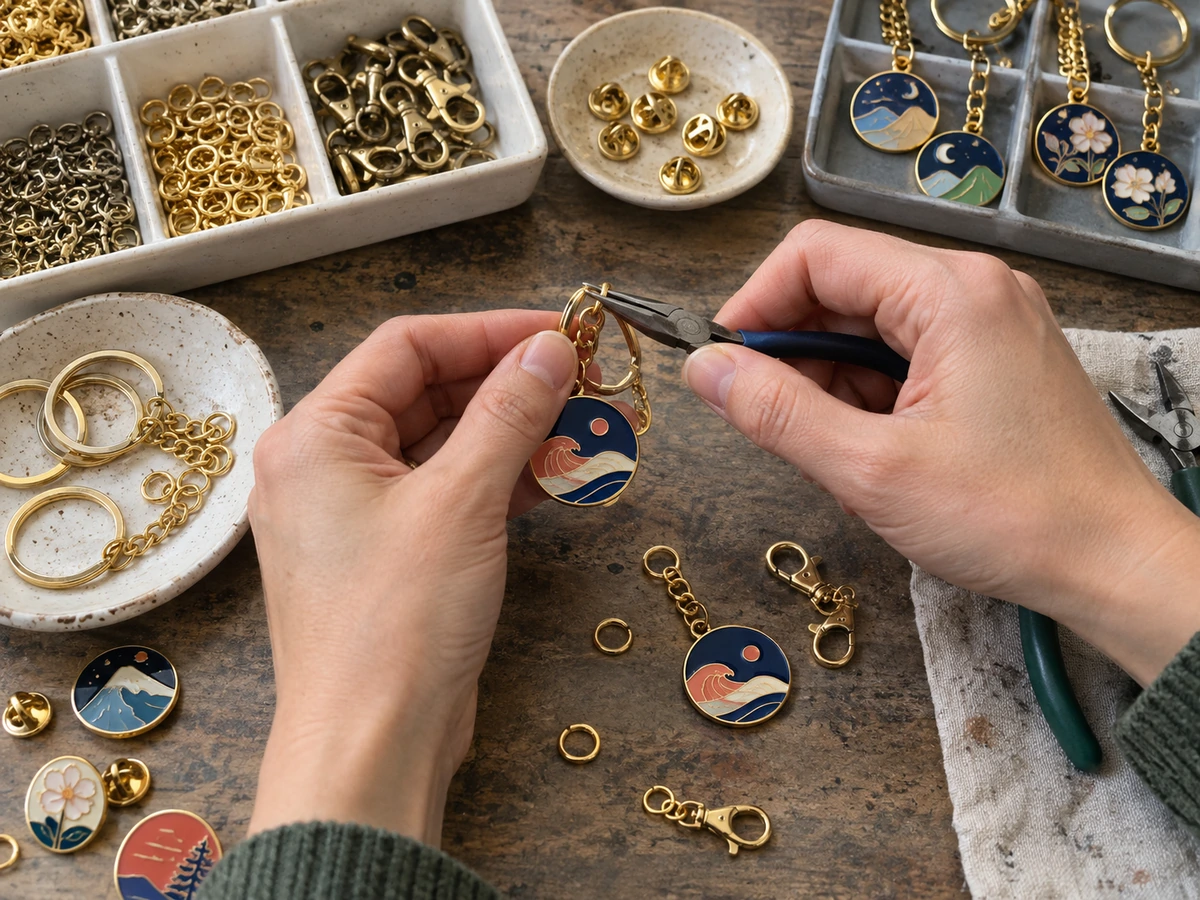 AI-generated illustration: Small pliers connecting a ring and fitting to an enamel keychain
