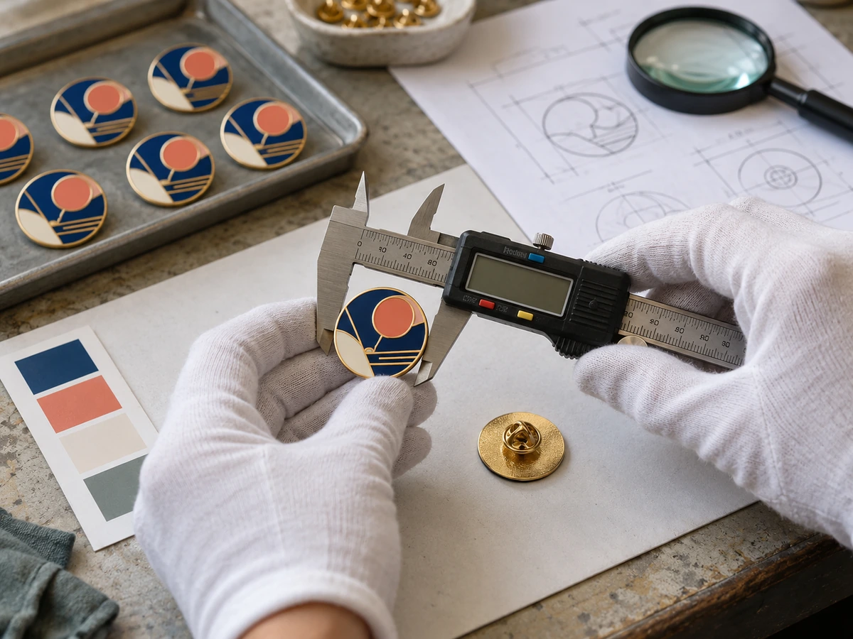 AI-generated illustration: Gloved hands measuring an enamel pin beside its specification and reverse attachment