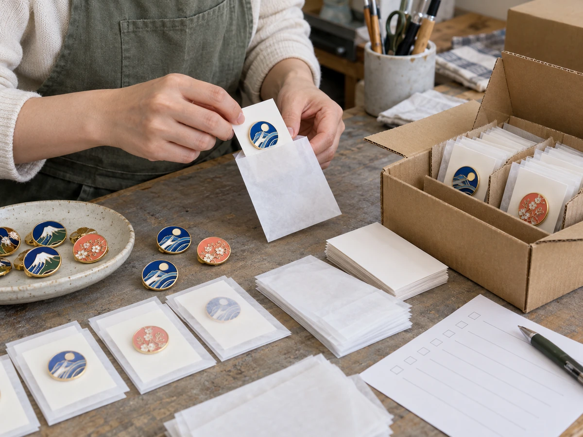 AI-generated illustration: An enamel pin being packed with backing cards, sleeves and protective packaging