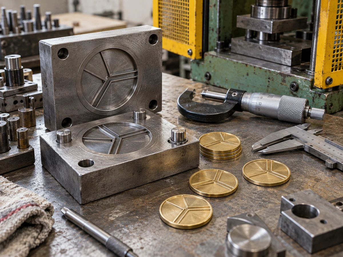 AI-generated illustration: Metal tooling, a geometric pin die and uncoloured metal blanks on a workshop bench