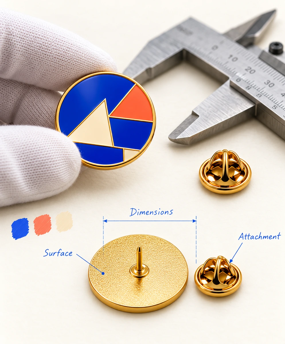 Illustrative enamel pin inspection scene showing surface, dimensions and reverse attachment detail